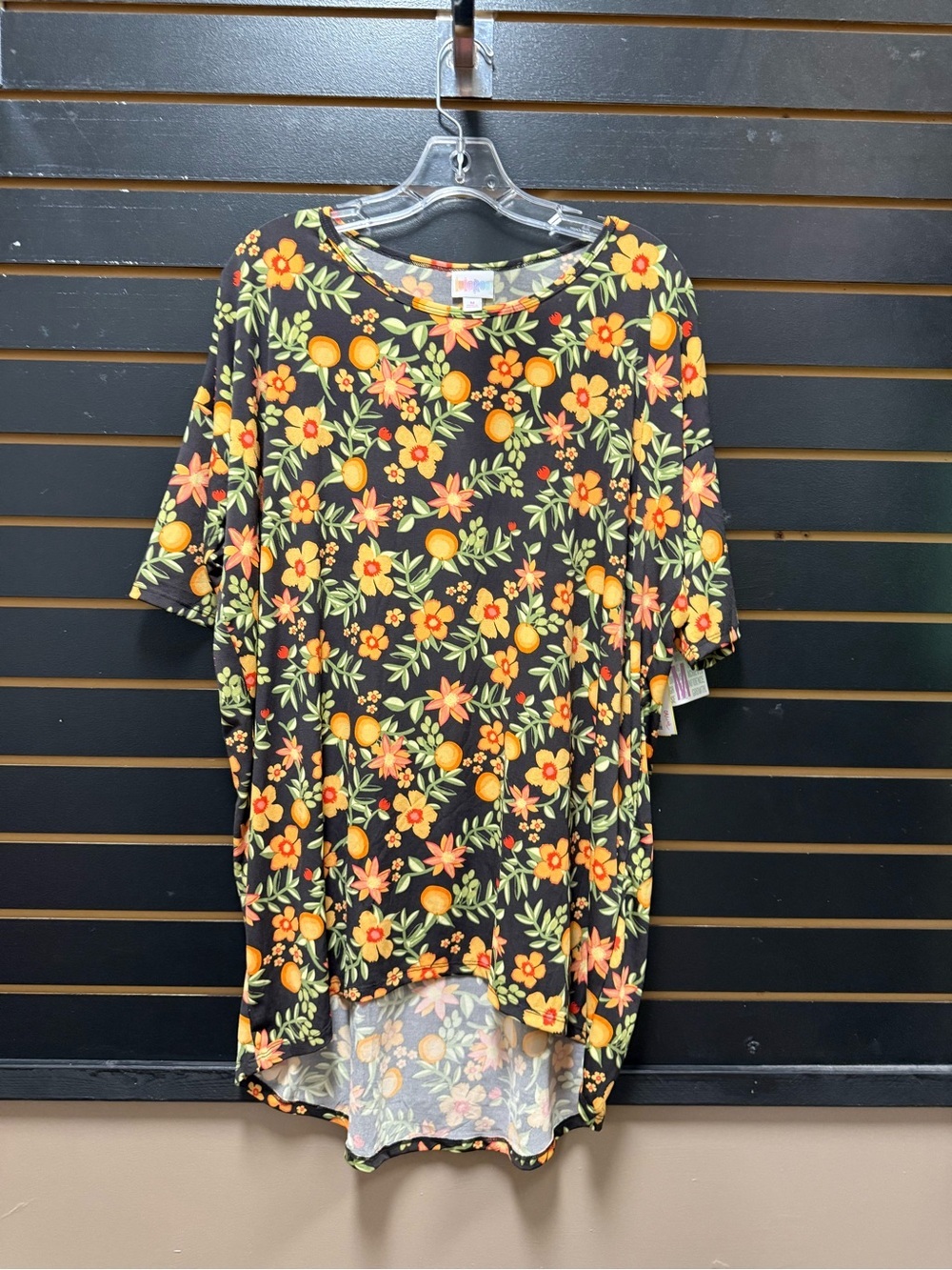 NWT LuLaRoe Irma Tunic Top Medium Black Floral Orange Yellow Hi Low
